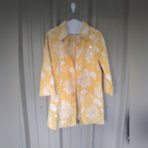 Women's Candy Couture Mustard Yellow Floral Sequins Jacket Size Large Bohemian - Picture 2 of 5